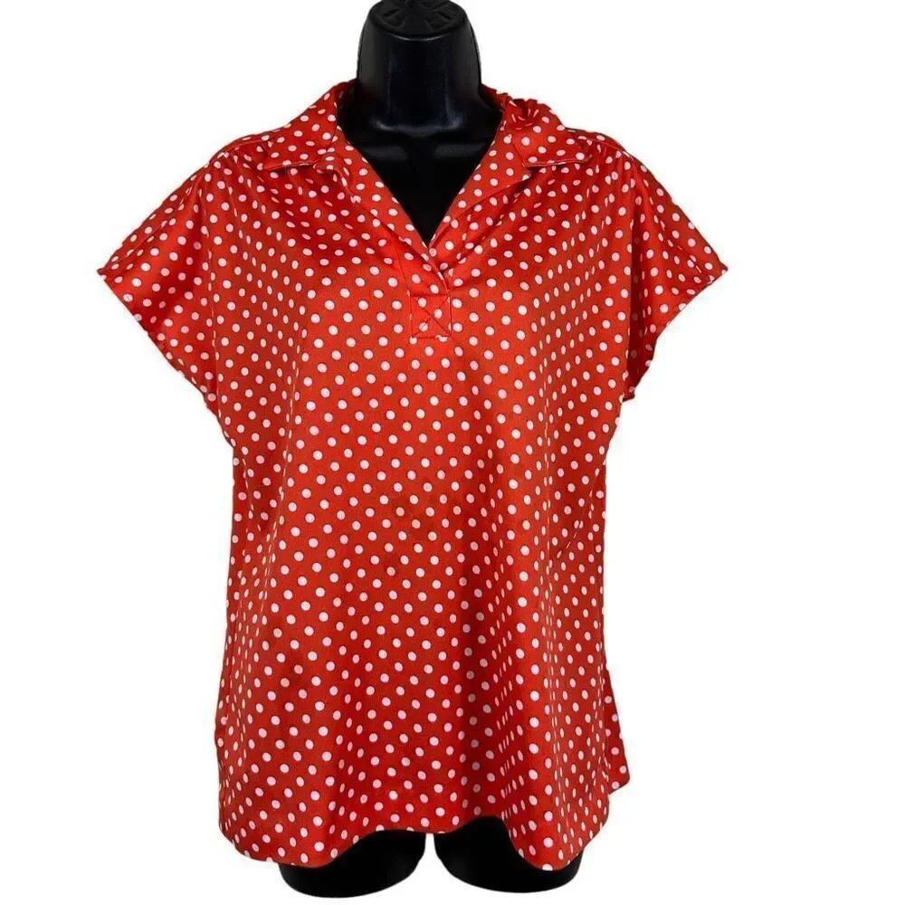 Vintage Teddi of California Polkadot Short Sleeve ￼Collared V-neck Blouse Size M
